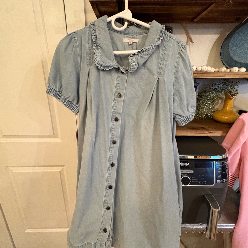 Light Wash Denim Button-Front Dress with Ruffle Collar